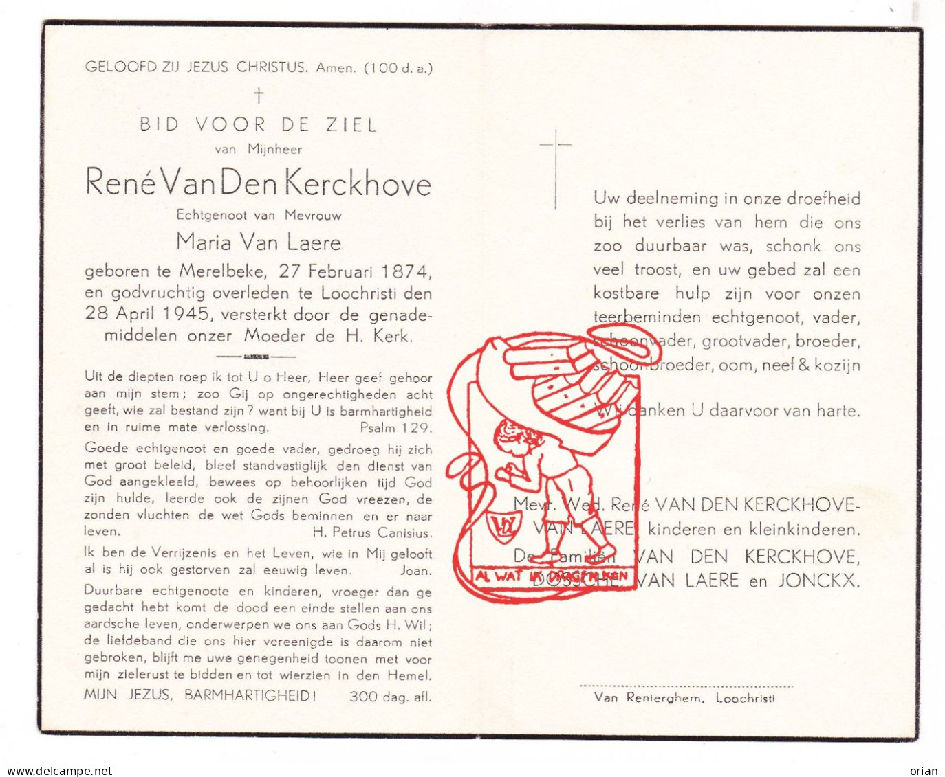 DP René Van Den Kerckhove ° Merelbeke 1874 † Lochristi 1945 X Maria Van Laere // Dossche Jonckx - Devotieprenten