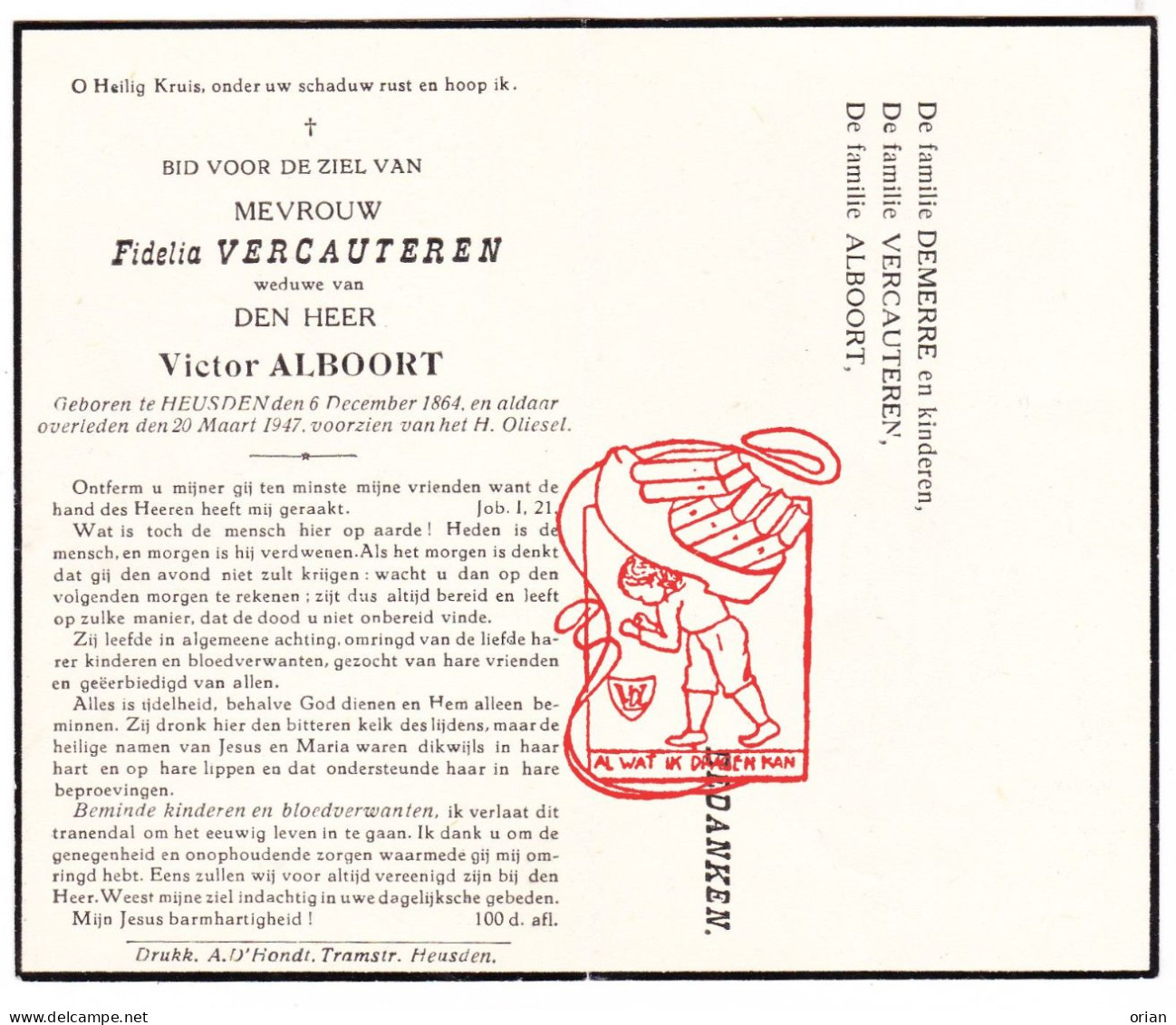 DP Fidelia Vercauteren ° Heusden Destelbergen 1864 † 1947 X Victor Alboort // Demerre - Imágenes Religiosas