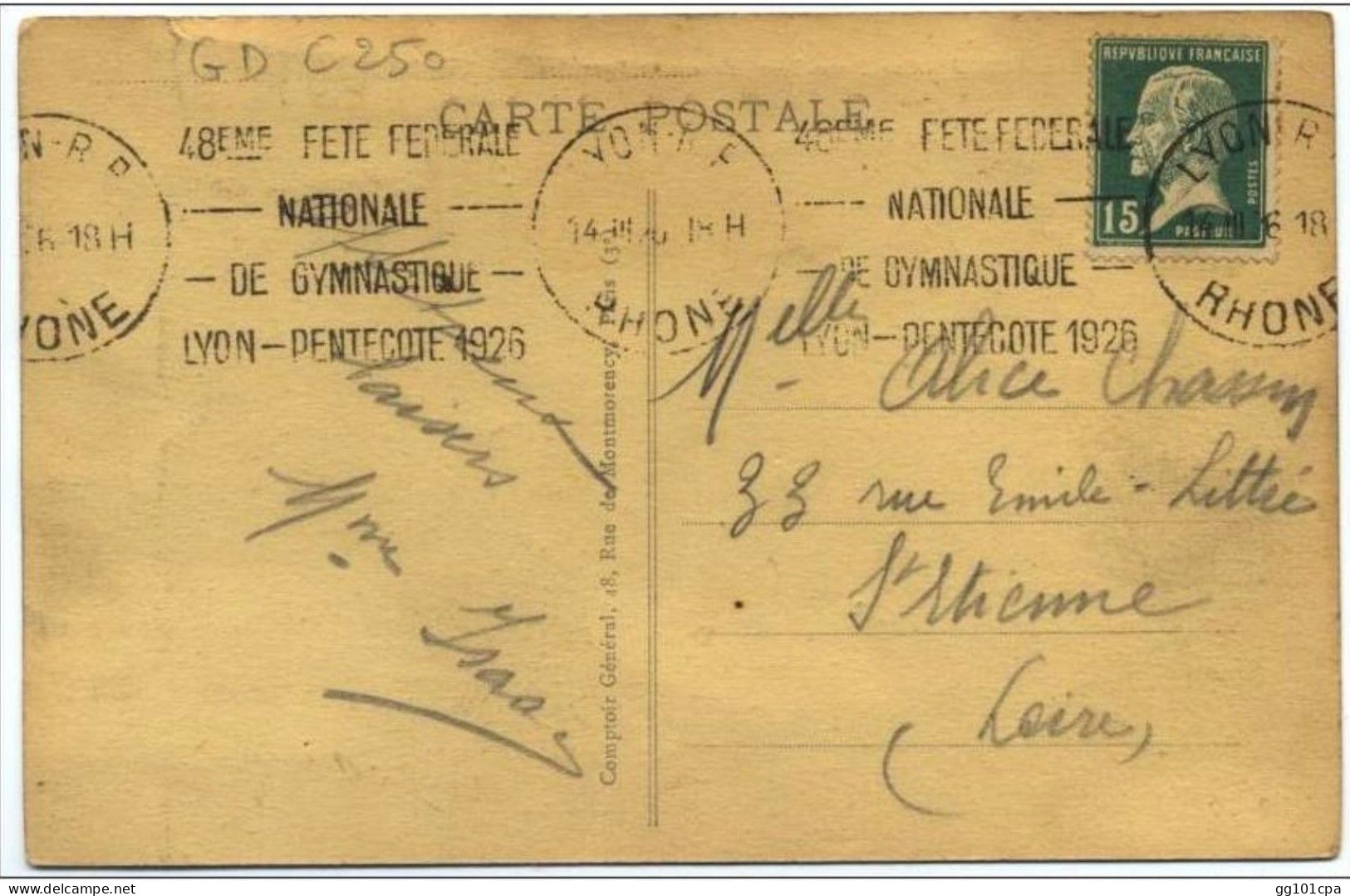 Flamme "Fete Federale 1926 Gymnastique Lyon" Pasteur Pour St-Etienne Loire Cp Lyon - Paiement Par MANGOPAY Uniquement - Mechanical Postmarks (Advertisement)