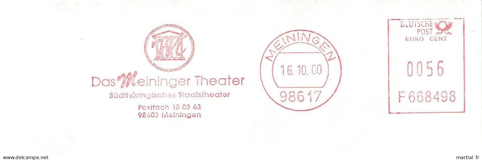 EMA RED METER STAMP ABSENDER FREISTEMPEL AFS Allemagne DEUTSCHLAND THEATER THEATRE CULTURE MEININGEN THURINGEN - Theater