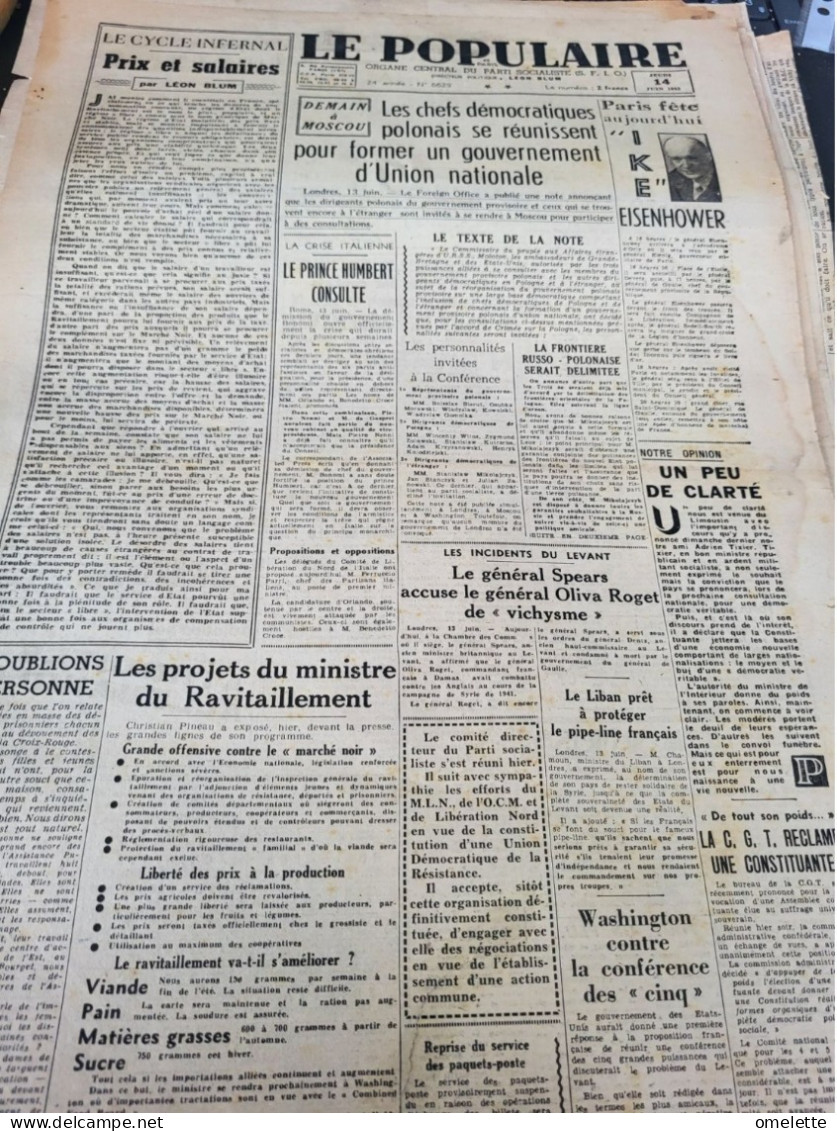 POPULAIRE 45/ SALAIRES BLUM /MOSCOU CHEFS POLONAIS/EISENHOWER/INCIDENTS AU LEVANT - Autres & Non Classés