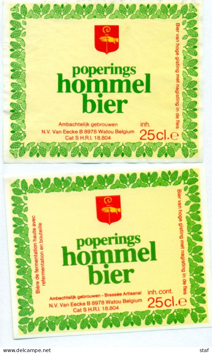 2 Verschillende Oude Etiketten Bier Poperings Hommer Bier 25 Cl. - Brouwerij / Brasserie Van Eecke Te Watou - Beer