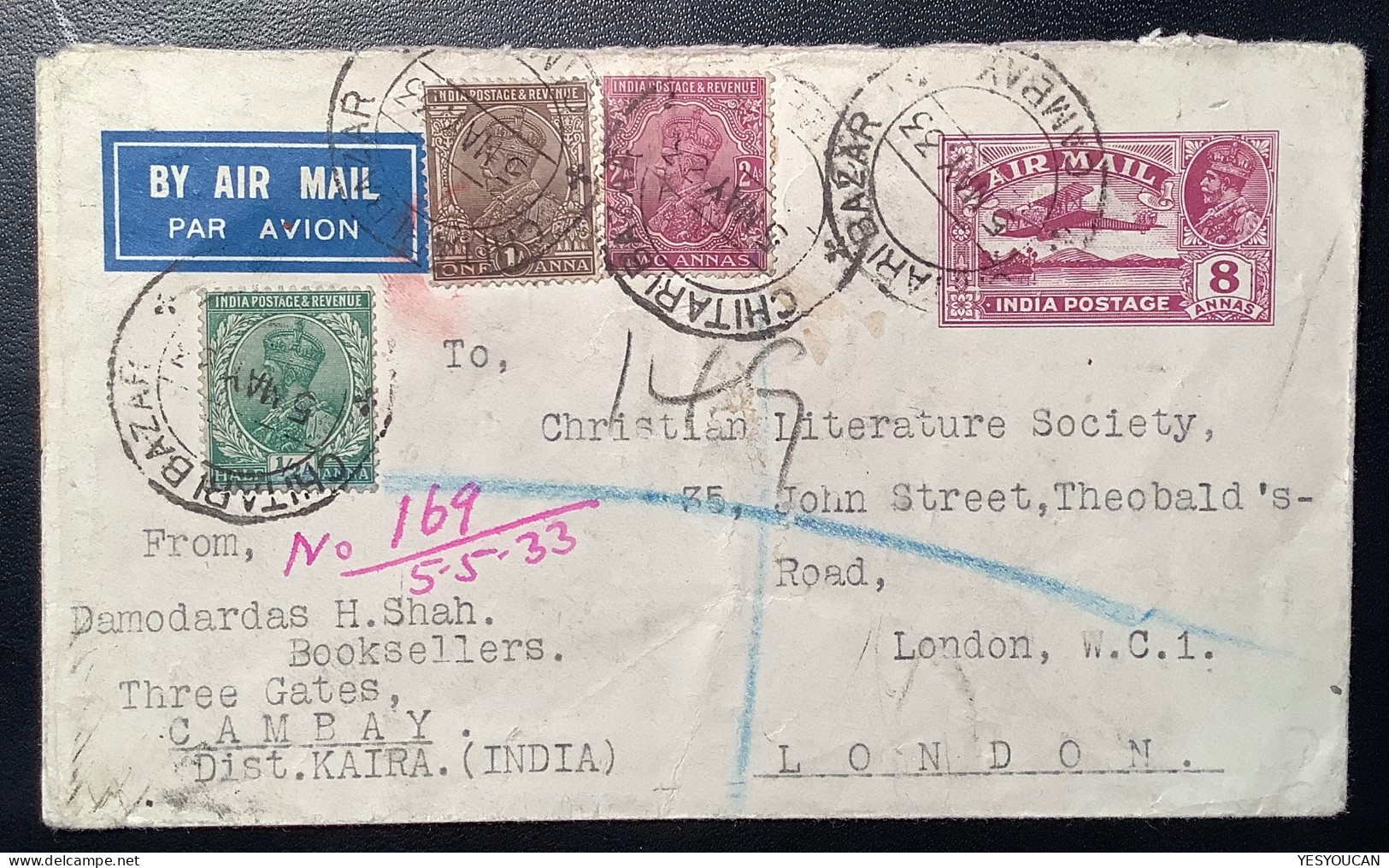 "CHITARI BAZAR CAMBAY 1933" India 6a Air Mail Postal Stationery Envelope Registered>Christian Literature GB (Gujarat - 1911-35  George V