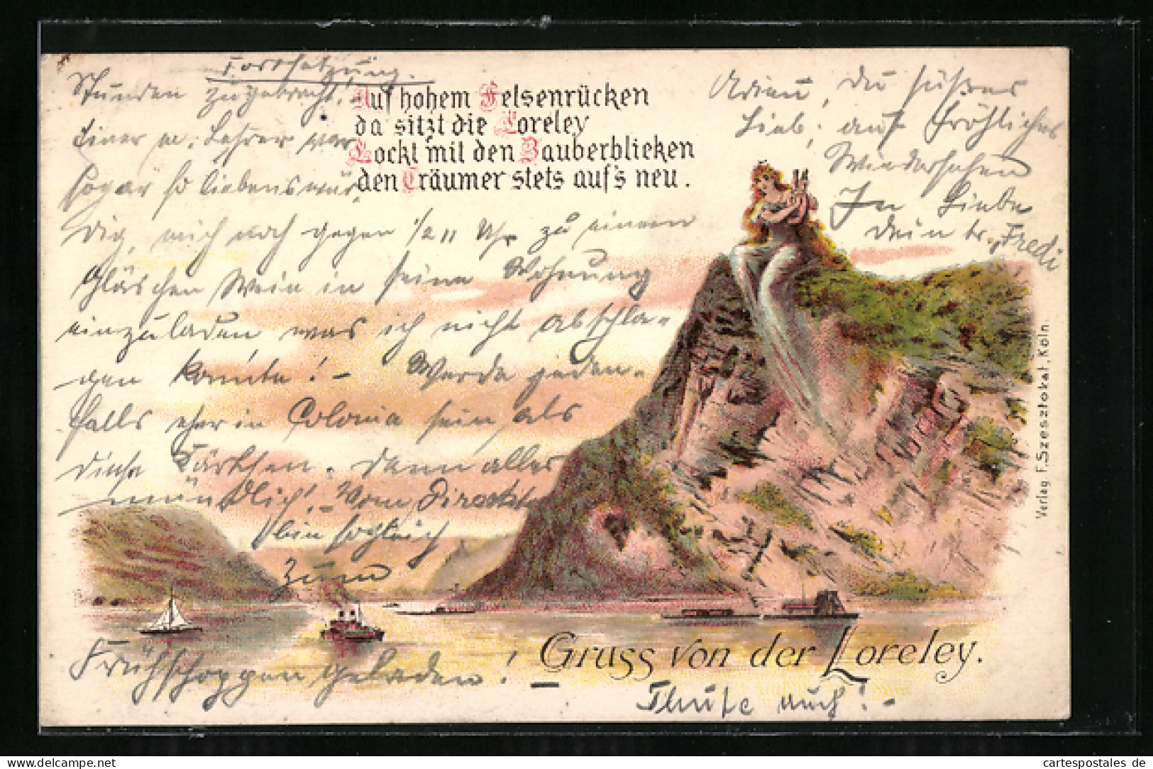 Lithographie Loreley Mit Harfe Auf Dem Felsen Am Rhein Sitzend  - Vertellingen, Fabels & Legenden