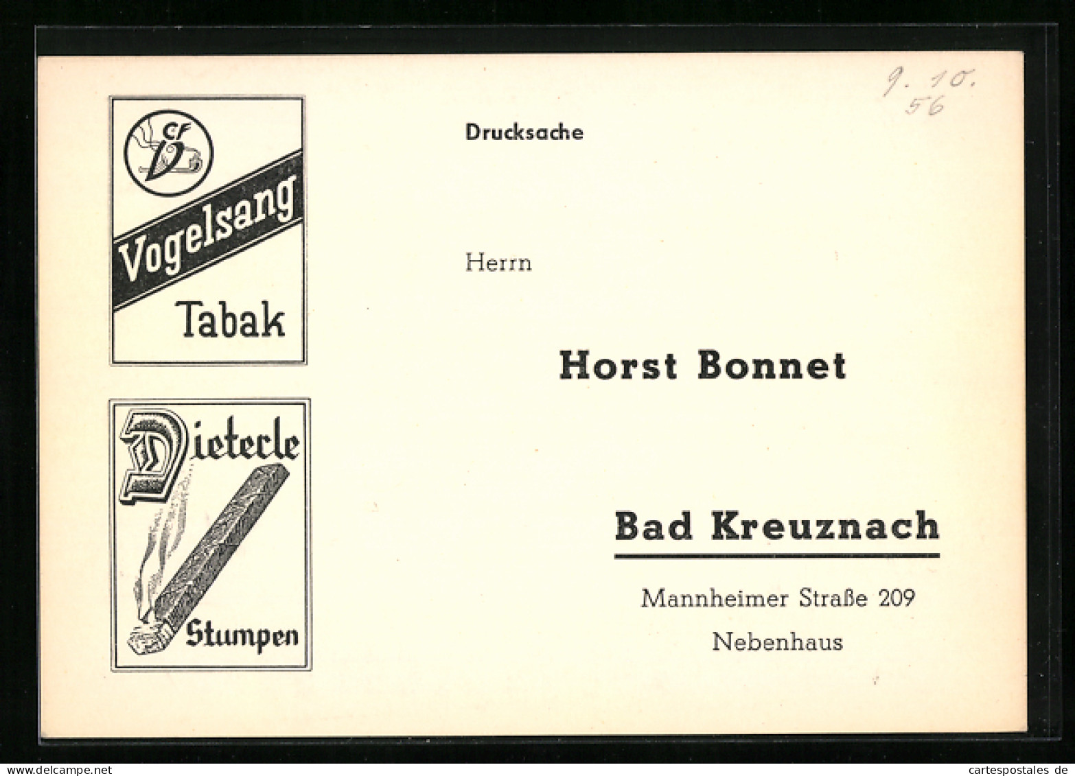 AK Vogelsang-Tabak-Reklame, Dieterle-Stumpen, Horst Bonnet, Bad Kreuznach  - Werbepostkarten