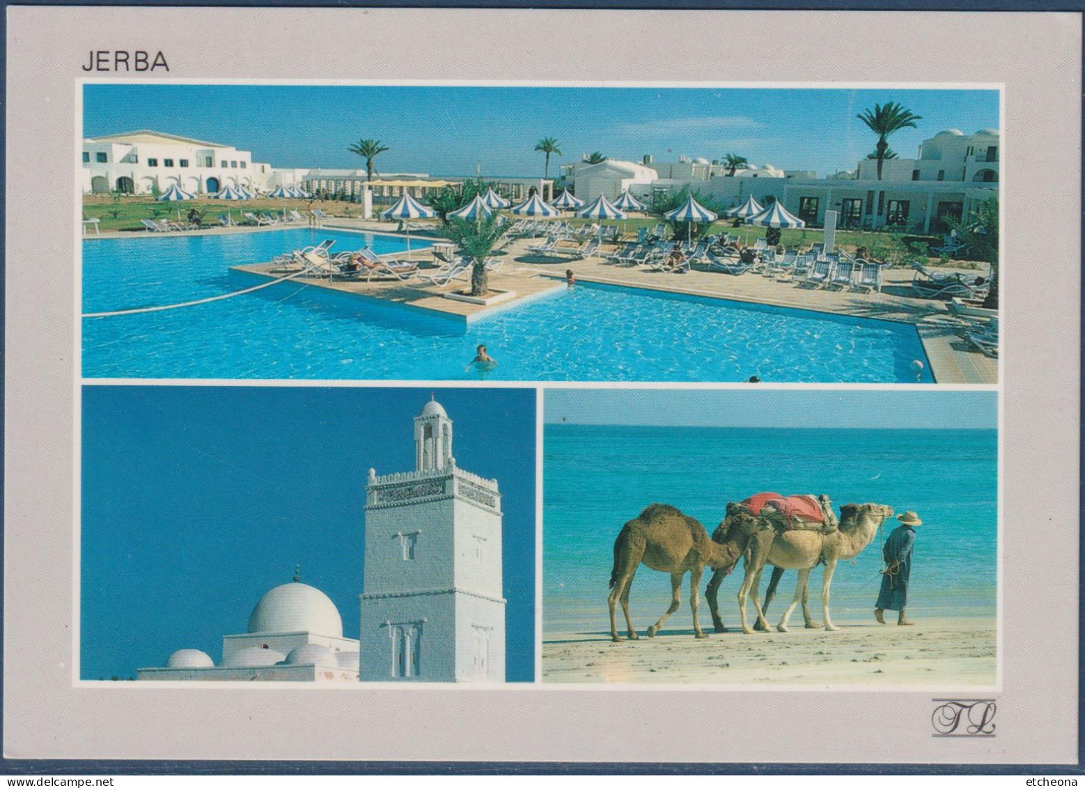 Djerba, Jerba Robinson Club, Multivues, Piscine, Minaret, Dromadaires Au Bord De L'eau, Avec Timbre Non Oblitéré - Tunisie