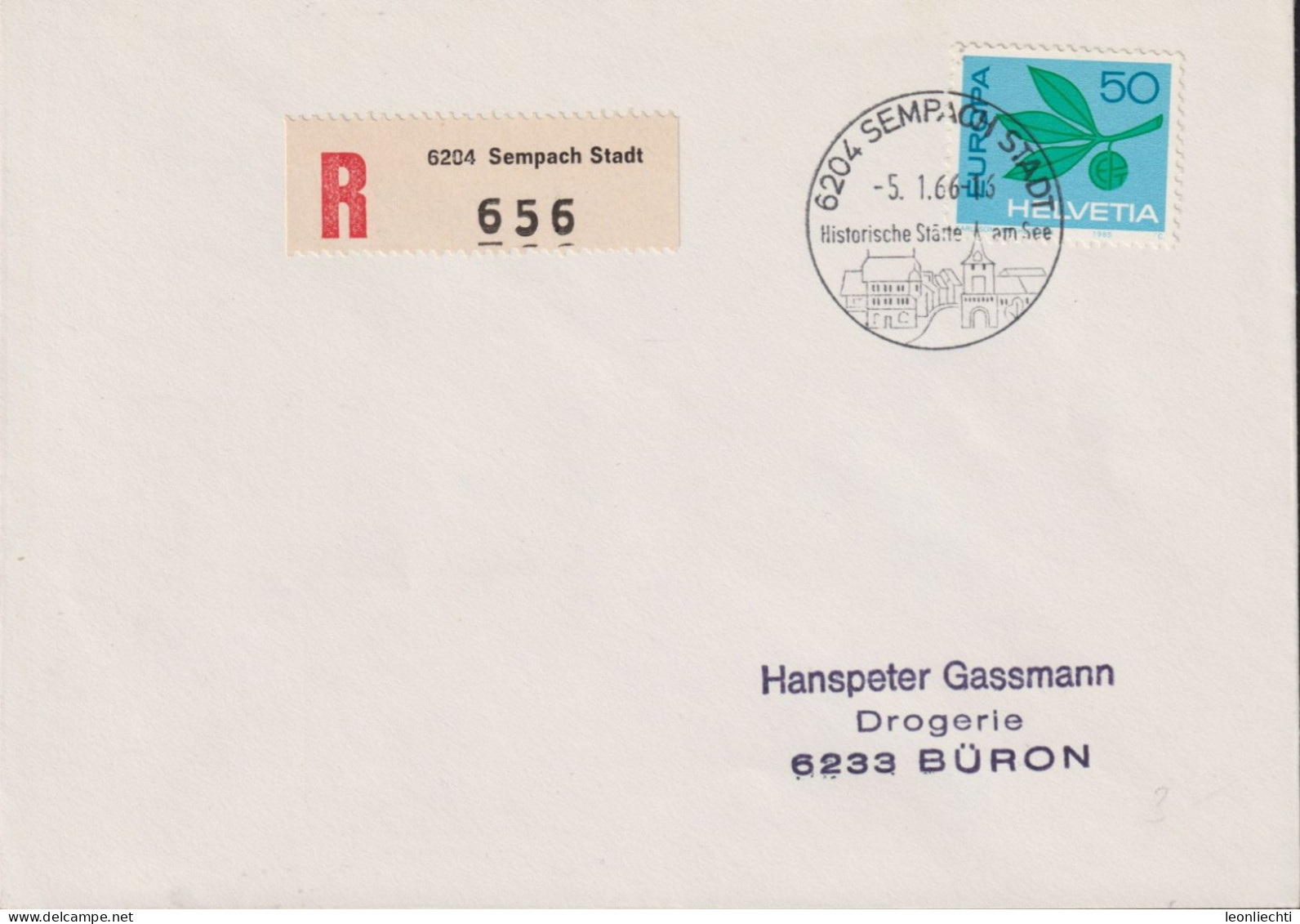 1965 Schweiz R-Brief, Zum:CH 435, Mi:CH 825, EUROPA, Olivenzweig, Stempel: 6204 Sempach Stadt - Briefe U. Dokumente