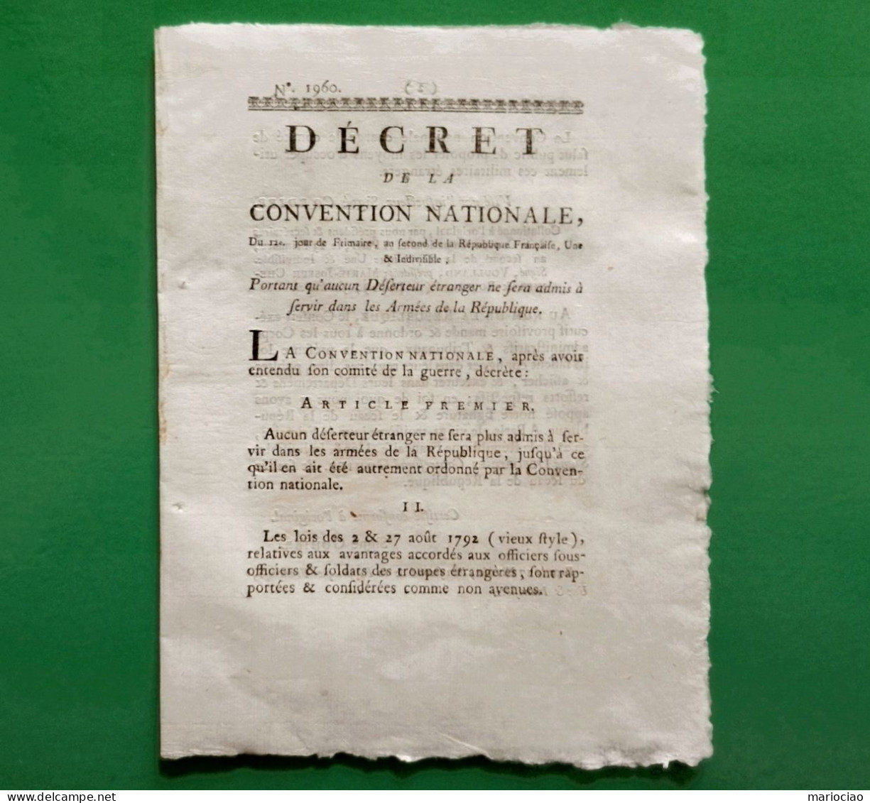 D-FR Révolution 1792 Aucun Déserteur étranger Ne Sera Admis à Servir Dans Les Armées De La République - Documents Historiques