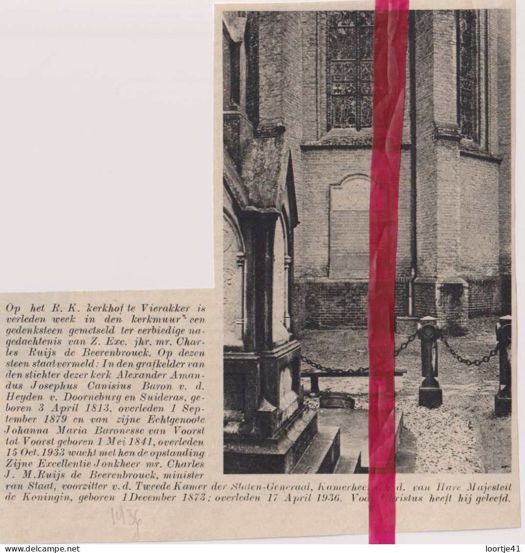 Vierakker - Gedenksteen Charles Ruijs De Beerenbrouck - Orig. Knipsel Coupure Tijdschrift Magazine - 1936 - Ohne Zuordnung