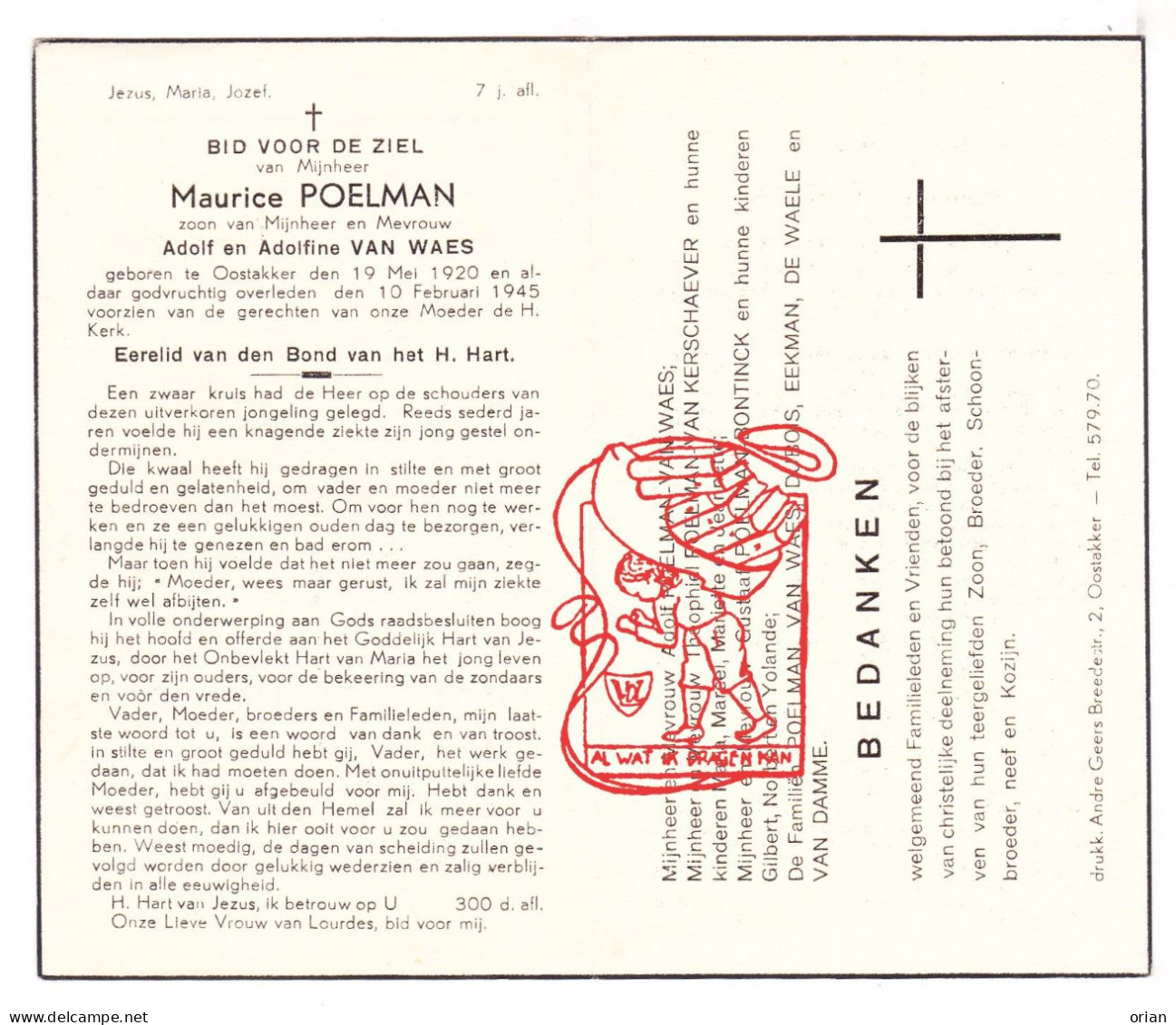 DP Maurice Poelman / Van Waes 24j ° Oostakker Gent 1920 † 1945 Van Kerschaever Bontinck Dubois Eekman De Waele Van Damme - Imágenes Religiosas