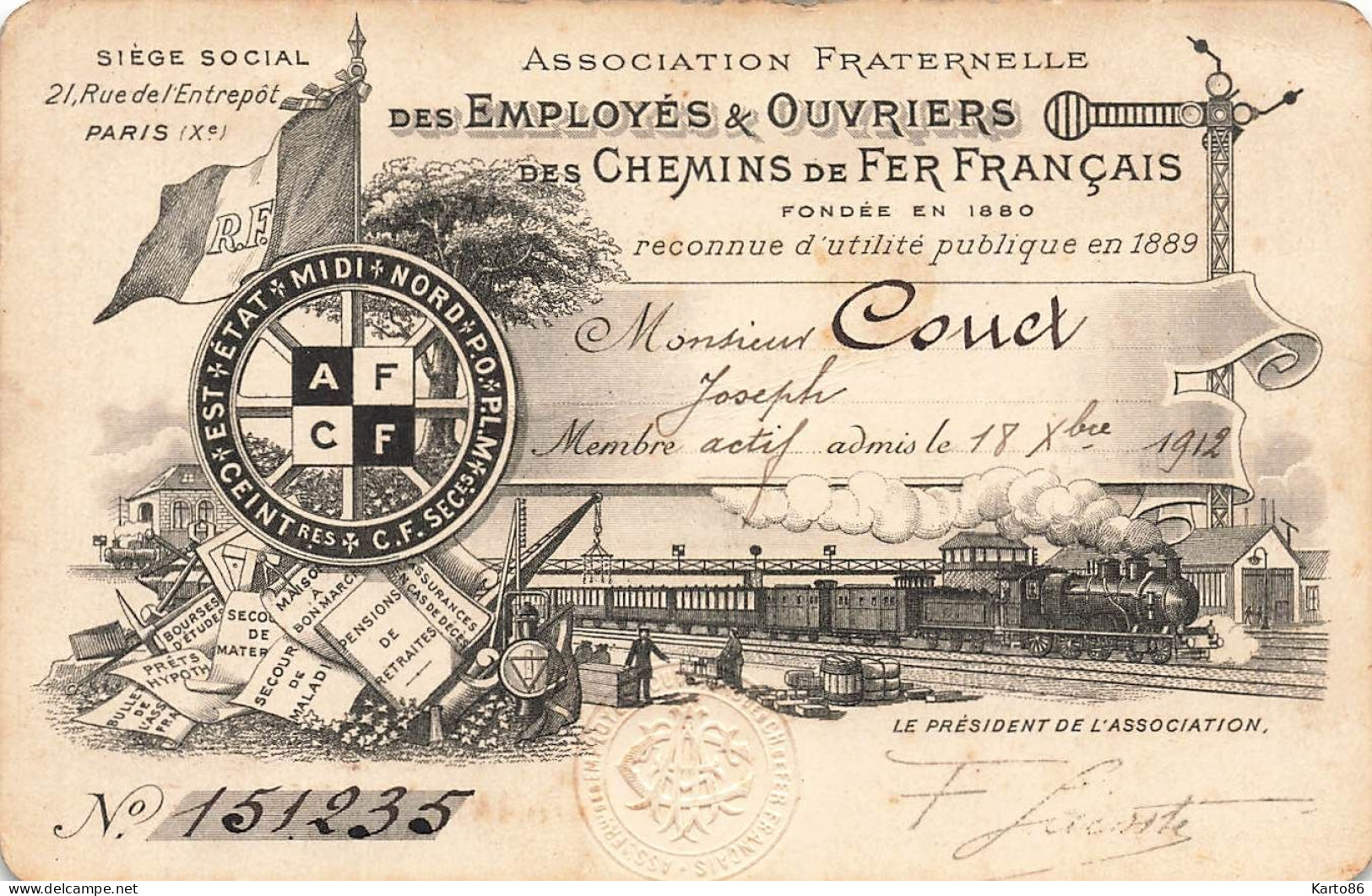 Association Fraternelle Des Employés & Ouvriers Des Chemins De Fer Français * COUET Joseph 1912 * Carte Ancienne - Otros & Sin Clasificación