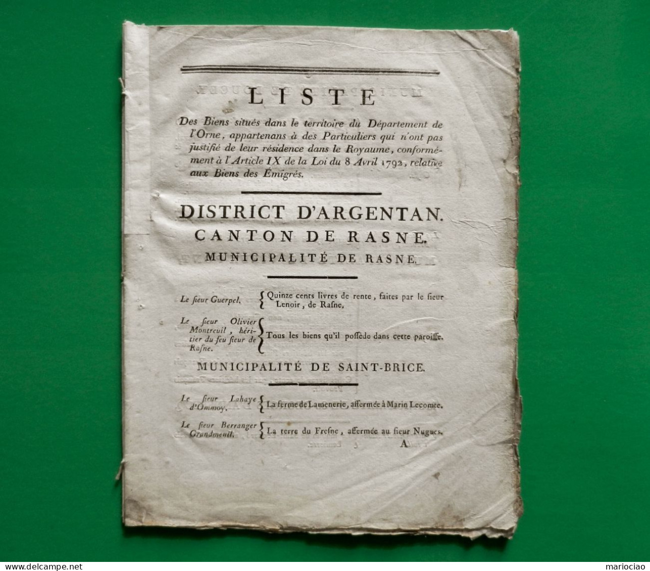 D-FR Révolution 1792 EMIGRES Liste Biens Situés Dans Le Territoire Du Département De L'Orne. Argentan Etc... - Documents Historiques