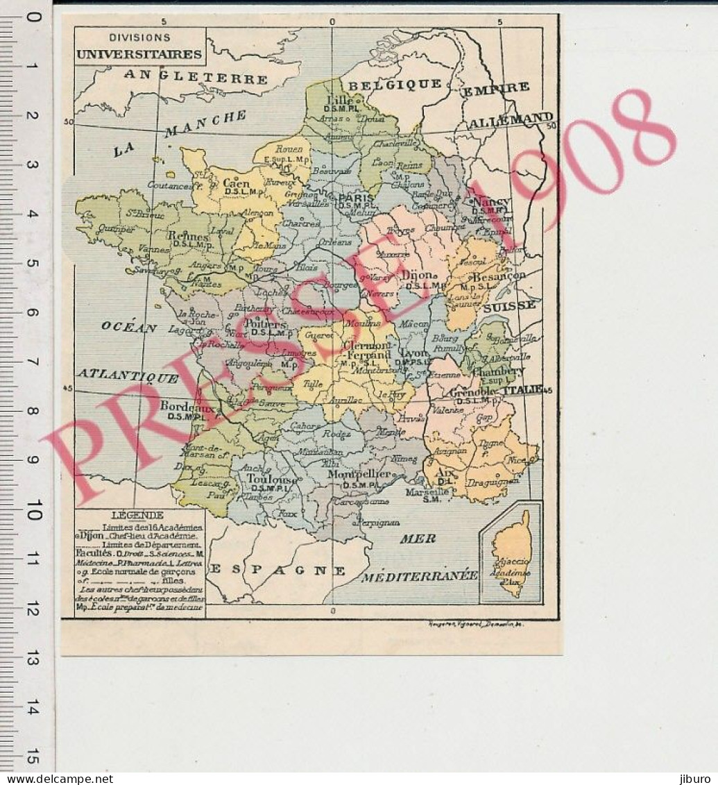 Carte Géographique 1908 France Divisions Universitaires Universités Histoire Poitiers Université Rennes Dijon Nancy Caen - Sonstige & Ohne Zuordnung