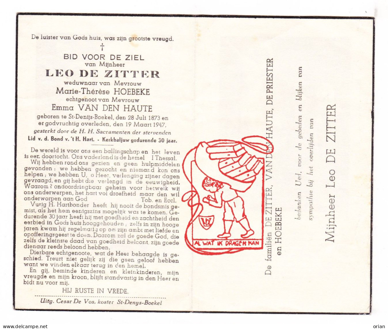 DP Leo De Zitter ° Sint-Denijs-Boekel Zwalm 1873 † 1947 X Marie Th. Hoebeke Xx Emma Van Den Haute // De Priester - Imágenes Religiosas