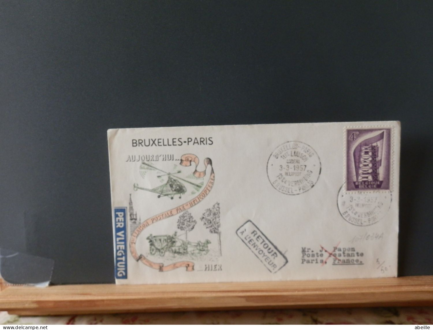 107/034A  DOC. SABENA  1° VOL HELI PARIS 1957 - Storia Postale
