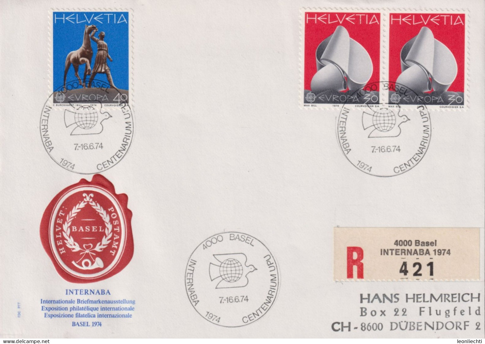 1974 Schweiz R-Brief Zum:CH 556+557, Mi:CH 1029+1030, EUROPA, Stempel: INTERNABA BASEL UPU + Rs: DÜBENDORF - Briefe U. Dokumente