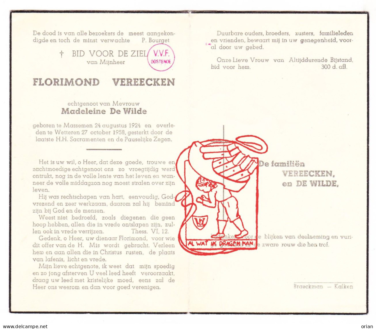 DP Florimond Vereecken 34j. ° Massemen 1924 † Wetteren 1958 X Madeleine De Wilde - Devotieprenten