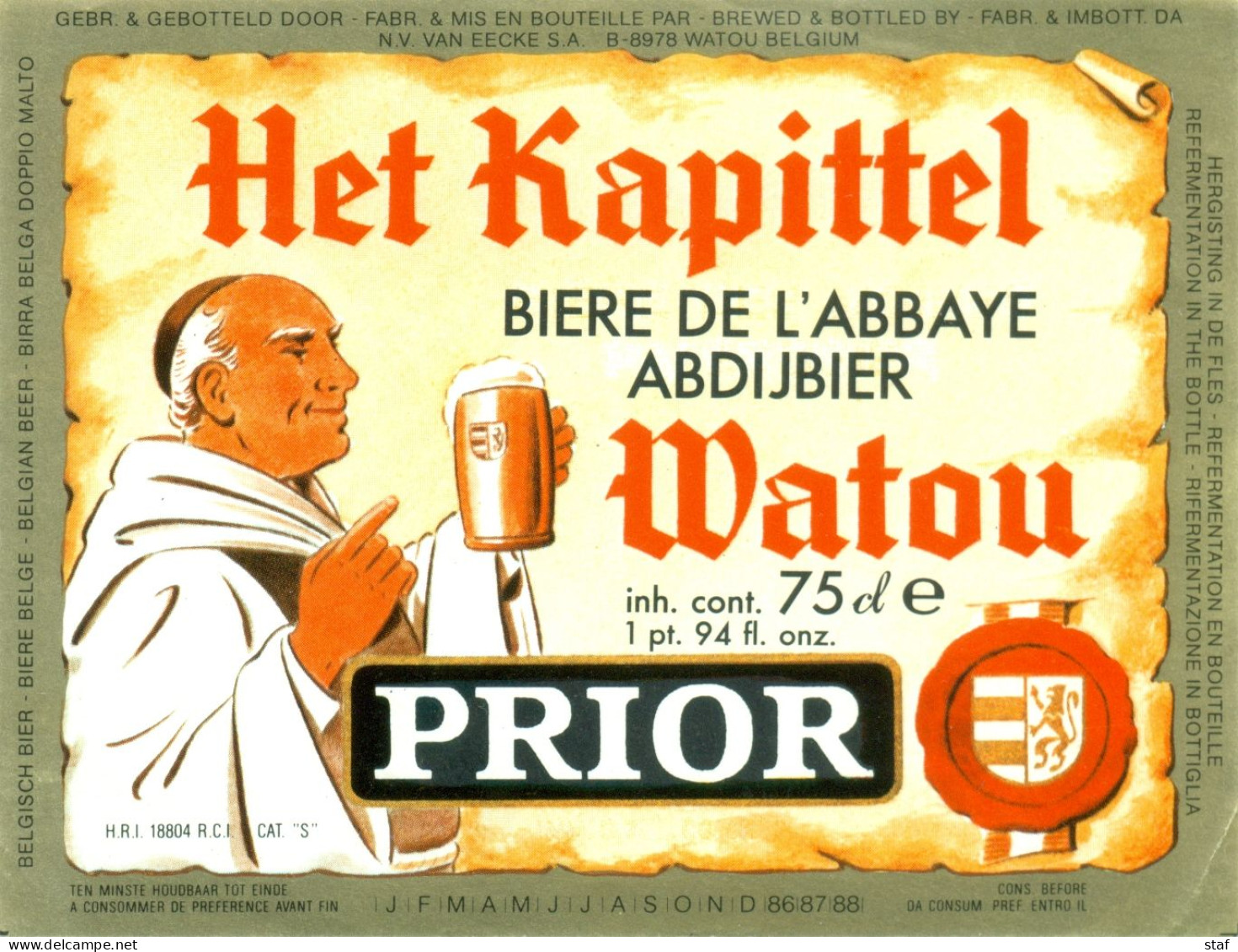 Oud Etiket Bier Het Kapittel Watou Prior 75 Cl. Abdijbier Bière De L'Abbaye - Brouwerij / Brasserie Van Eecke Te Watou - Bier