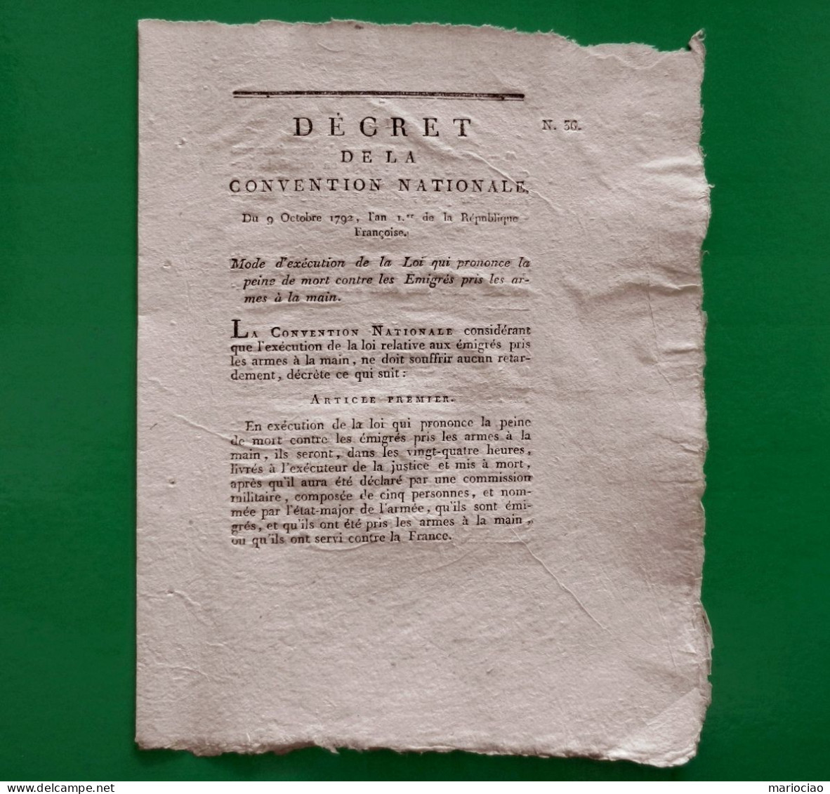 D-FR Révolution 1792 PEINE DE MORT Contre Les Emigrés Pris Les Armes à La Main - Documents Historiques