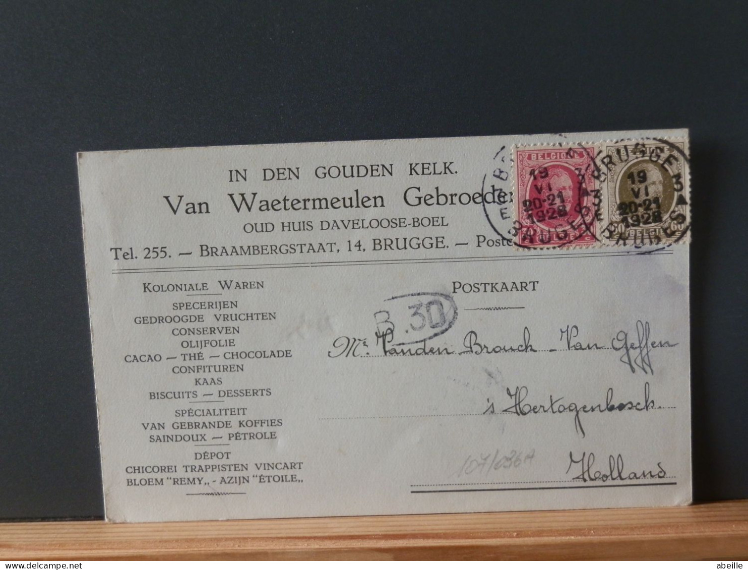 107/036A  CP FRANCE POUR LA HOLLANDE 1928 AFST/OBL. BRUGGE 3 - Cartas & Documentos