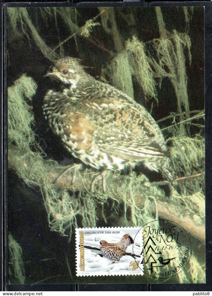 LUXEMBOURG LUSSEMBURGO 1992 ENDANGERD BIRDS HAZEL GROUSE BIRD 14 + 2fr MAXI MAXIMUM CARD - Cartes Maximum