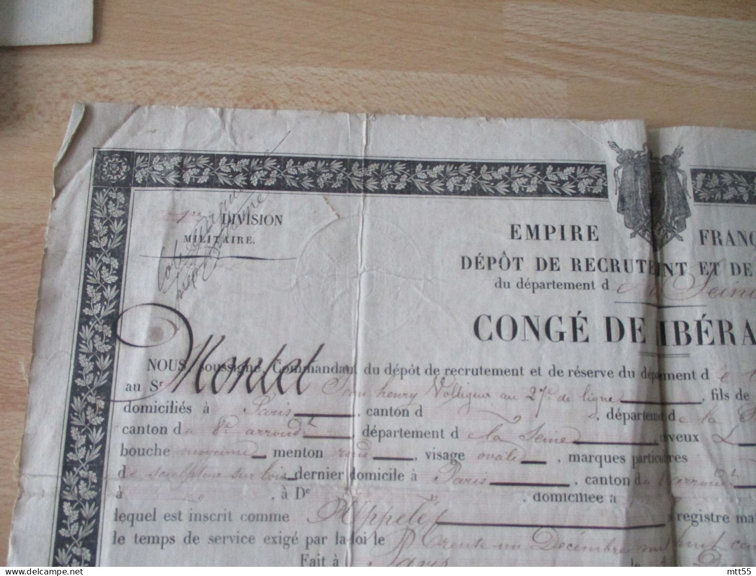 1858 EMPIRE FRANCAIDEPOT RECRUTEMENT ET RESERVE PLACE PARIS CONGE LIBERATION  VOLTIGEUR 27 EME LIGNE SIGNATURE AUTOGRAS - Documentos