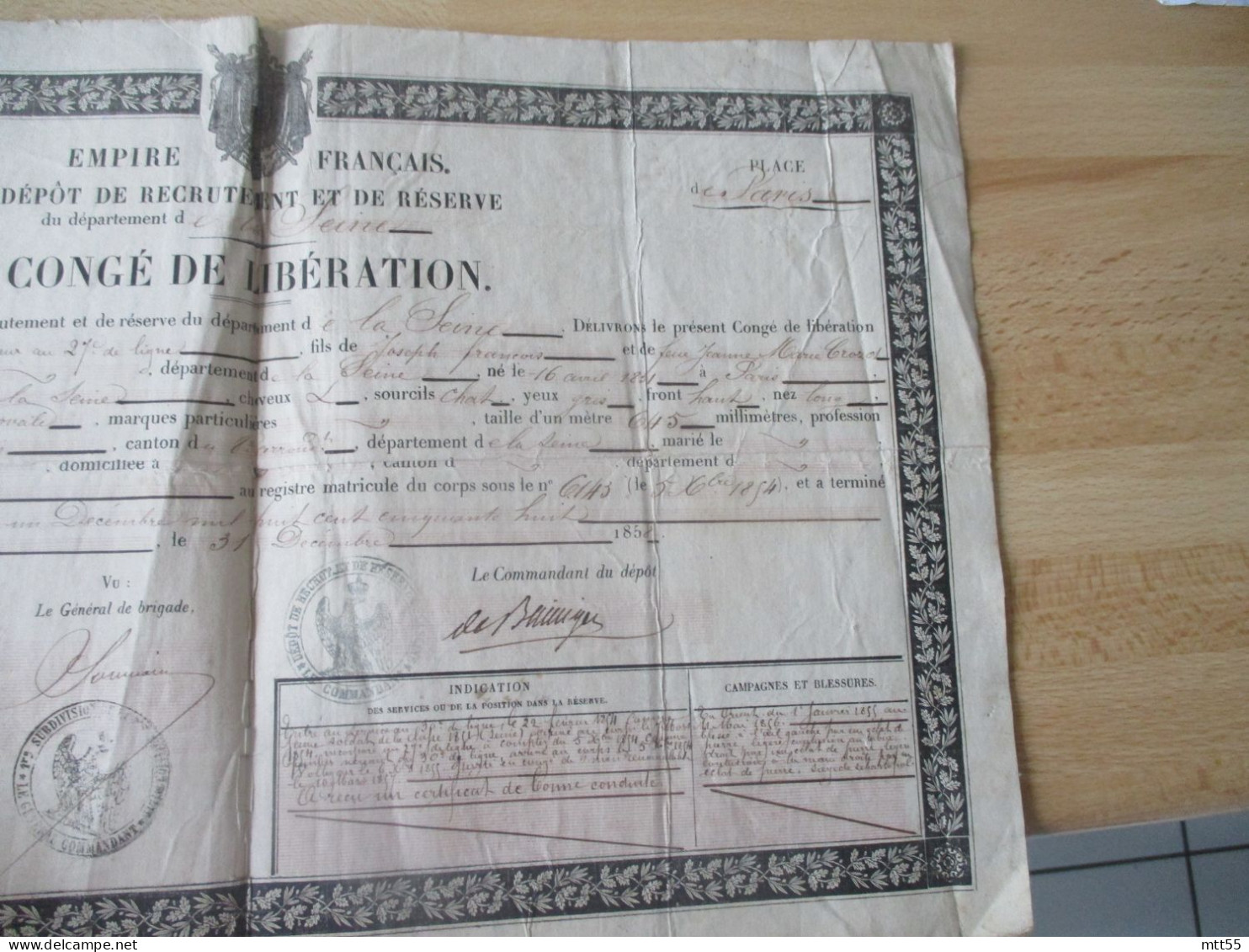 1858 EMPIRE FRANCAIDEPOT RECRUTEMENT ET RESERVE PLACE PARIS CONGE LIBERATION  VOLTIGEUR 27 EME LIGNE SIGNATURE AUTOGRAS - Dokumente