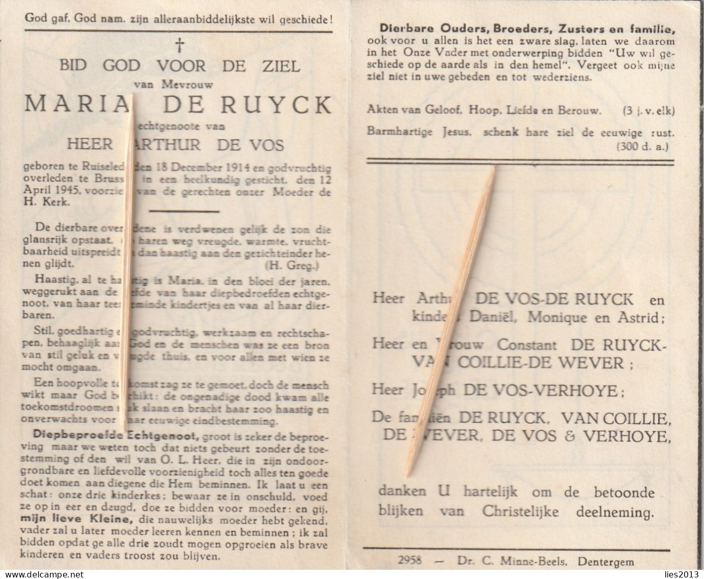 Ruiselede, Brussel, Maria De Ruyck, De Vos,1945 - Images Religieuses