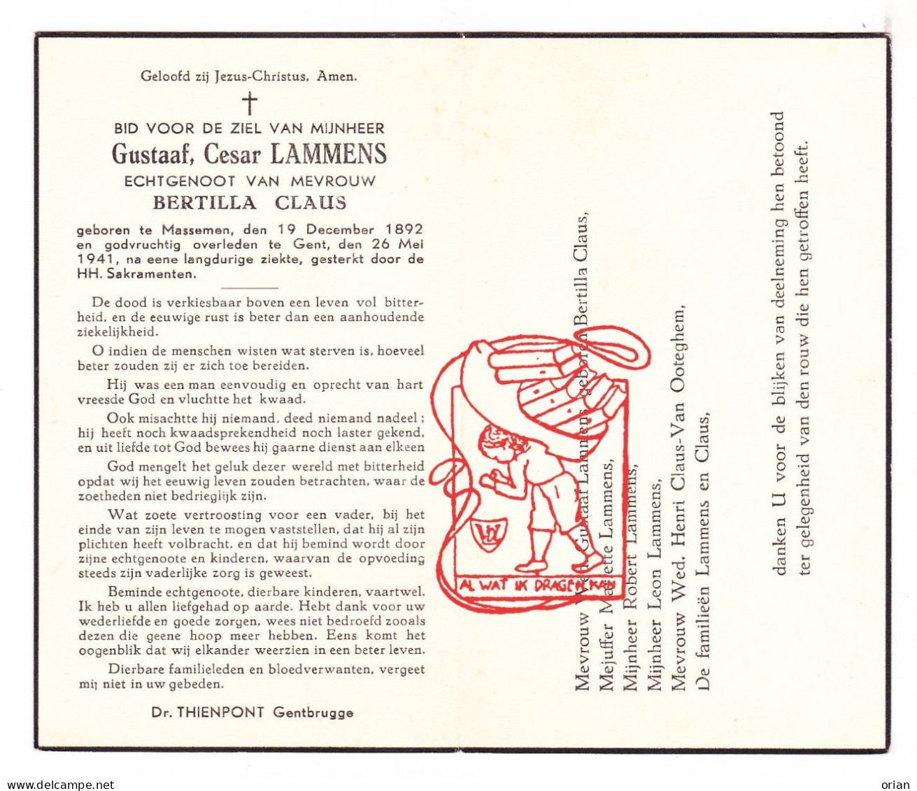 DP Gustaaf Cesar Lammens ° Massemen Wetteren 1892 † Gent 1941 X Bertilla Claus // Van Ooteghem - Devotion Images