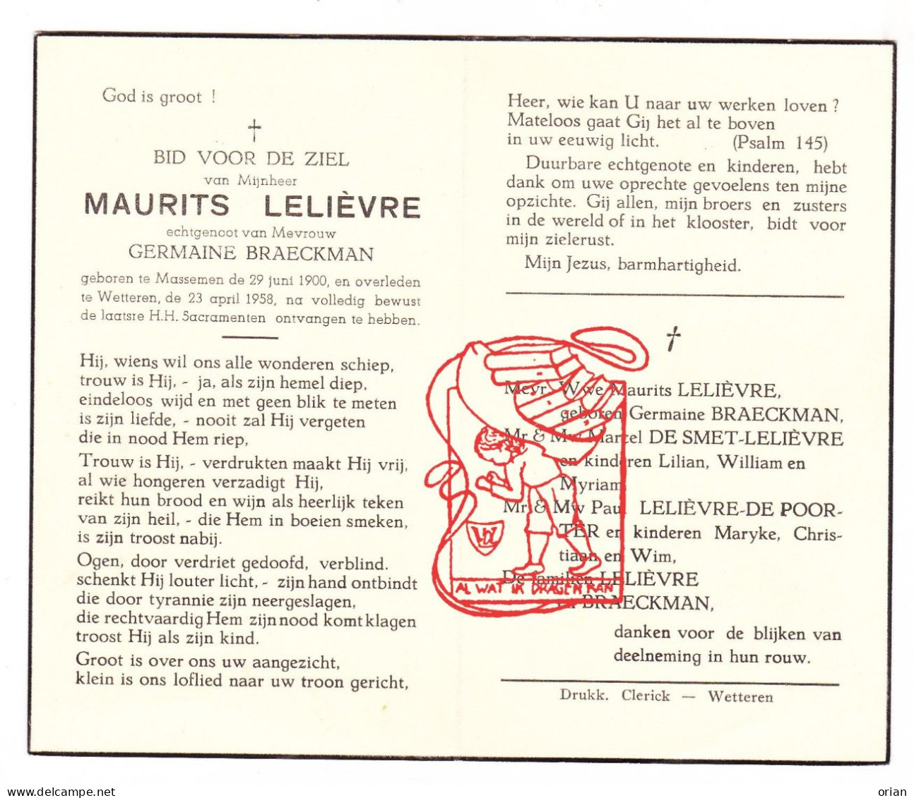 DP Maurits Lelièvre ° Massemen 1900 † Wetteren 1958 X Germaine Braeckman // De Smet De Poorter - Images Religieuses