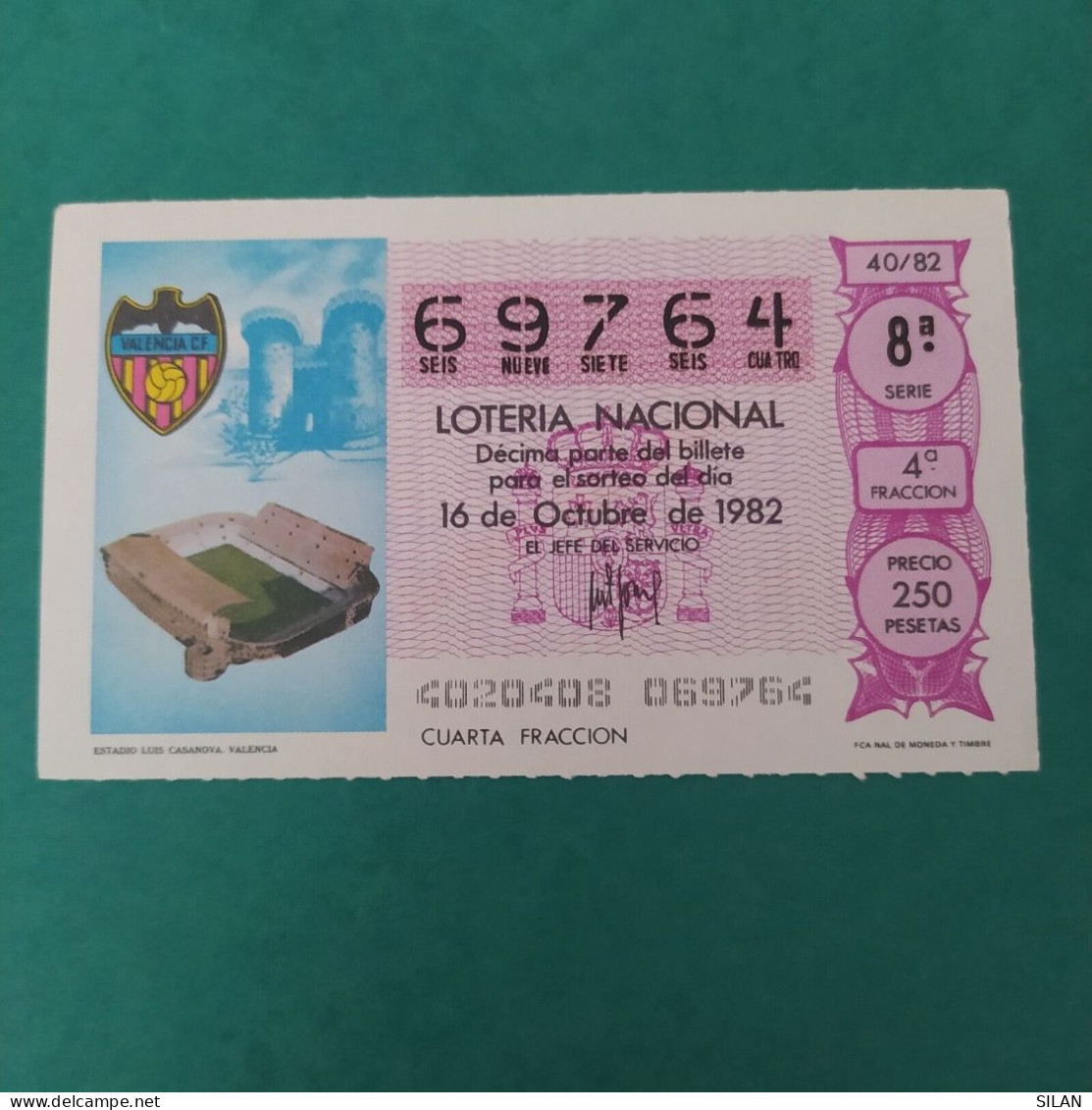 DÉCIMO DE LOTERÍA 1982 ESTADIO LUIS CASANOVA VALENCIA LOTERIE 1982  Spain World Cup Lottery 1982 - Autres & Non Classés