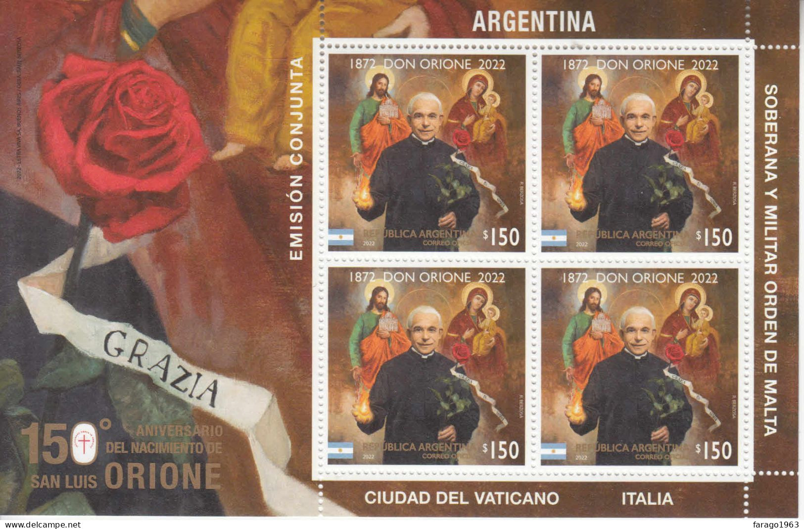 2022 Argentina Don Orione JOINT ISSUE Vatican Souvenir Sheet MNH - Nuevos