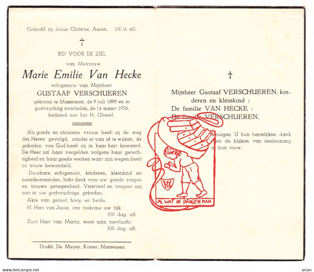 DP Marie Emelie Van Hecke ° Massemen Wetteren 1899 † 1956 X Gustaaf Verschueren - Devotion Images