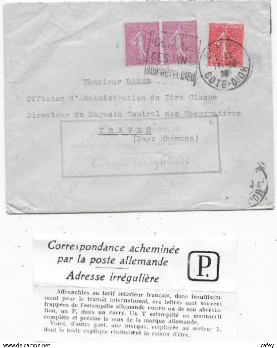 Timbres TYPE SEMEUSE LIGNEE Bel Affranchissement Sur Lettre De BEAUNE COTE D'OR 1928 P / TREVES - 1903-60 Säerin, Untergrund Schraffiert