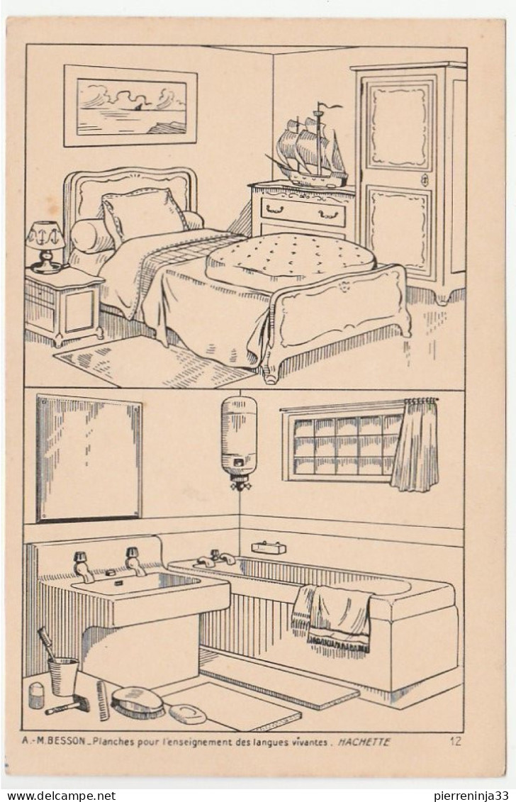 Planche Pour L'enseignement Des Langues Vivantes /BESSON/ HACHETTE:  Maison, Chambre, Salle De Bain - Ecoles