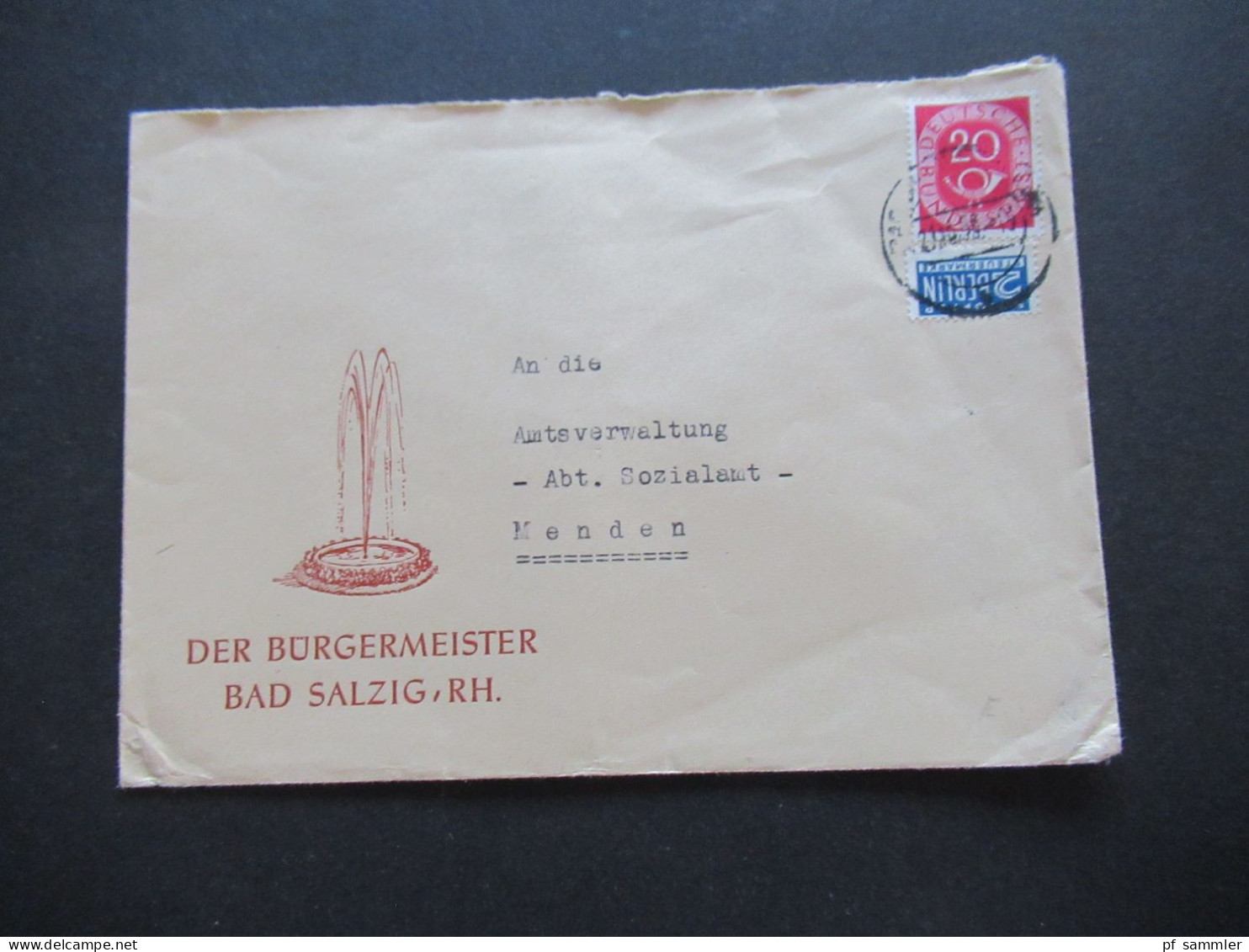 BRD 1953 Posthorn Nr.130 EF Dekorativer Umschlag Springbrunnen Der Bürgermeister Bad Salzig RH. / Ruhe Und Erholung - Brieven En Documenten