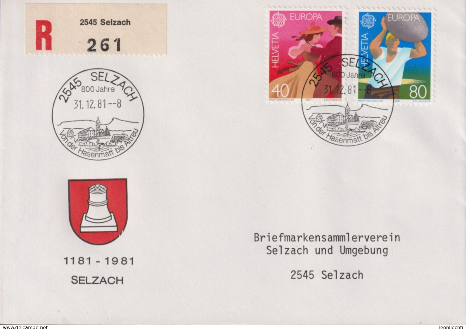 1981 Schweiz R-Brief Zum:CH 654+655, Mi:CH 1197+1198, Trachtenpaar+Steinstosser, EUROPA Stempel: 2545 SELZACH - Lettres & Documents