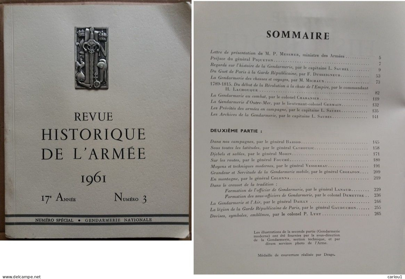 C1  REVUE HISTORIQUE ARMEE - Numero Special GENDARMERIE NATIONALE 1961  PORT INCLUS France - Polizei