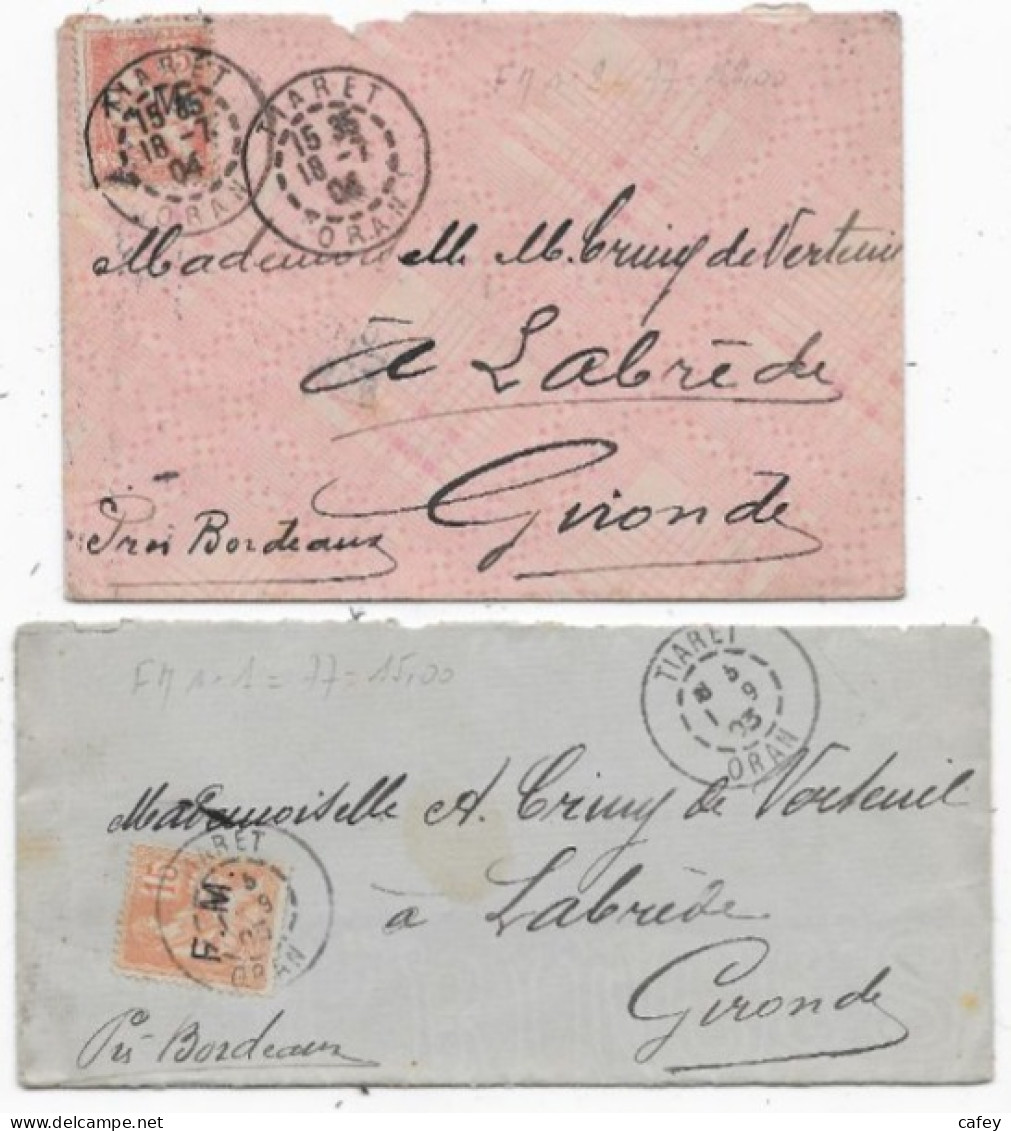 ALGERIE 2 Lettres Timbres MOUCHON FM  Càd TIARET 1903/1904 - Sellos De Franquicias Militares