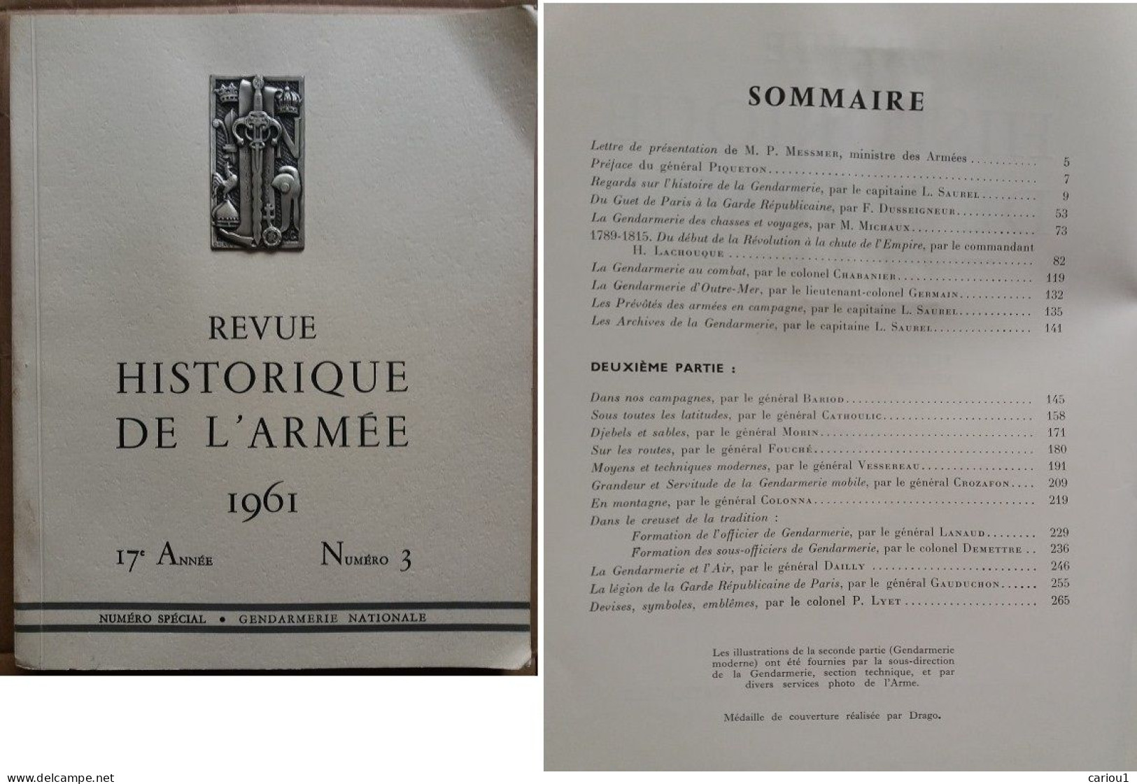 C1  REVUE HISTORIQUE ARMEE - Numero Special GENDARMERIE NATIONALE 1961  PORT INCLUS France - Geschichte