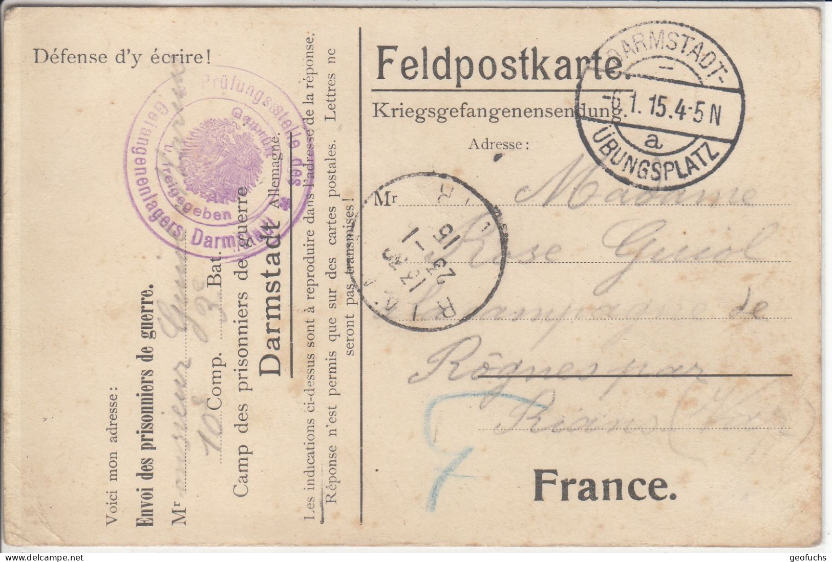 Carte En Franchise Militaire Allemande Pour PG Français Du Camp De DARMSTADT (Hesse) Du 6.1.15 - Oorlog 1914-18