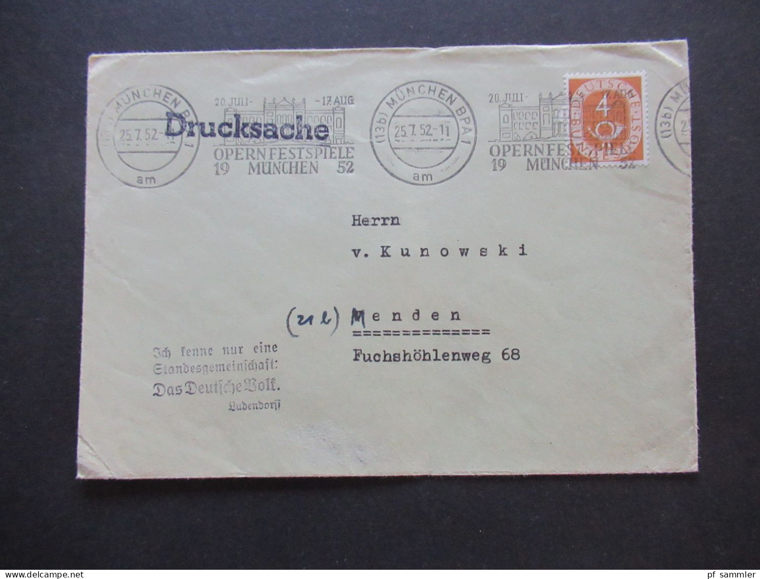 BRD 1952 Posthorn Nr.124 Propagandaspruch / Stempel Ich Kenne Nur Eine Standesgemeinschaft Das Deutsche Volk: Ludendorff - Cartas & Documentos