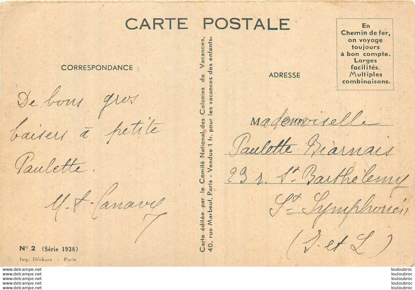 GERMAINE BOURET COMITE NATIONAL DES COLONIES DE VACANCES  SERIE 1938 N°2 - Bouret, Germaine