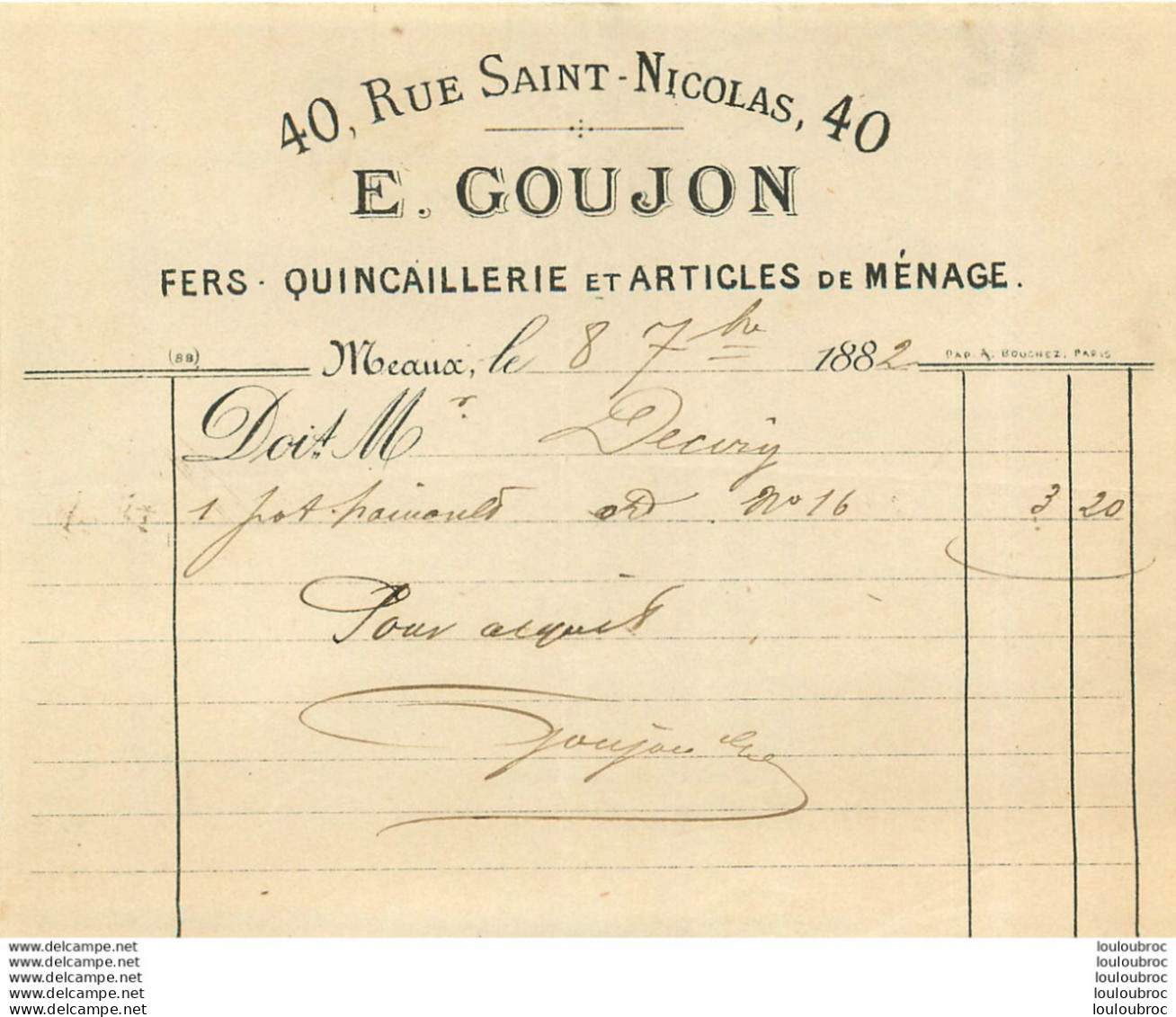 E. GOUJON FERS QUINCAILLERIE 40 RUE SAINT NICOLAS A MEAUX  1882 - 1800 – 1899