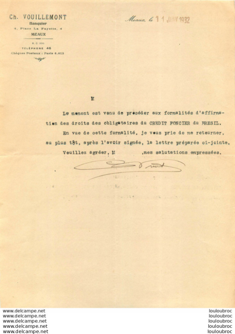CH. VOUILLEMONT BANQUIER 4 PLACE LA FAYETTE A MEAUX EN 1932 - 1900 – 1949