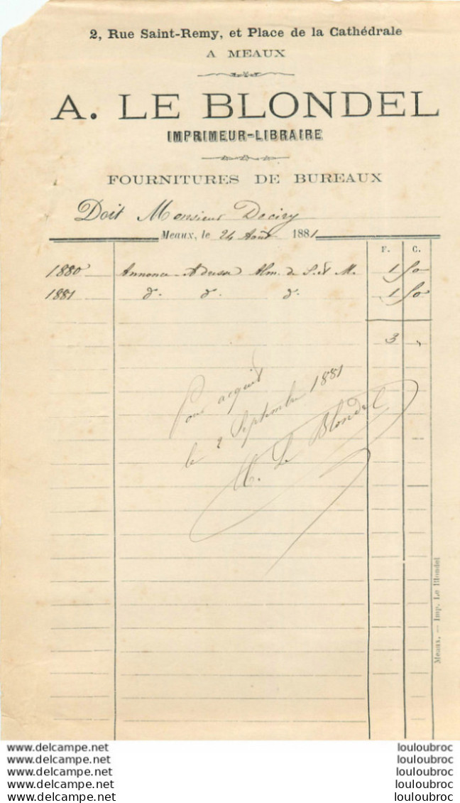A. LE BLONDEL IMPRIMEUR LIBRAIRE 2 RUE SAINT REMY A MEAUX 1881 - 1800 – 1899