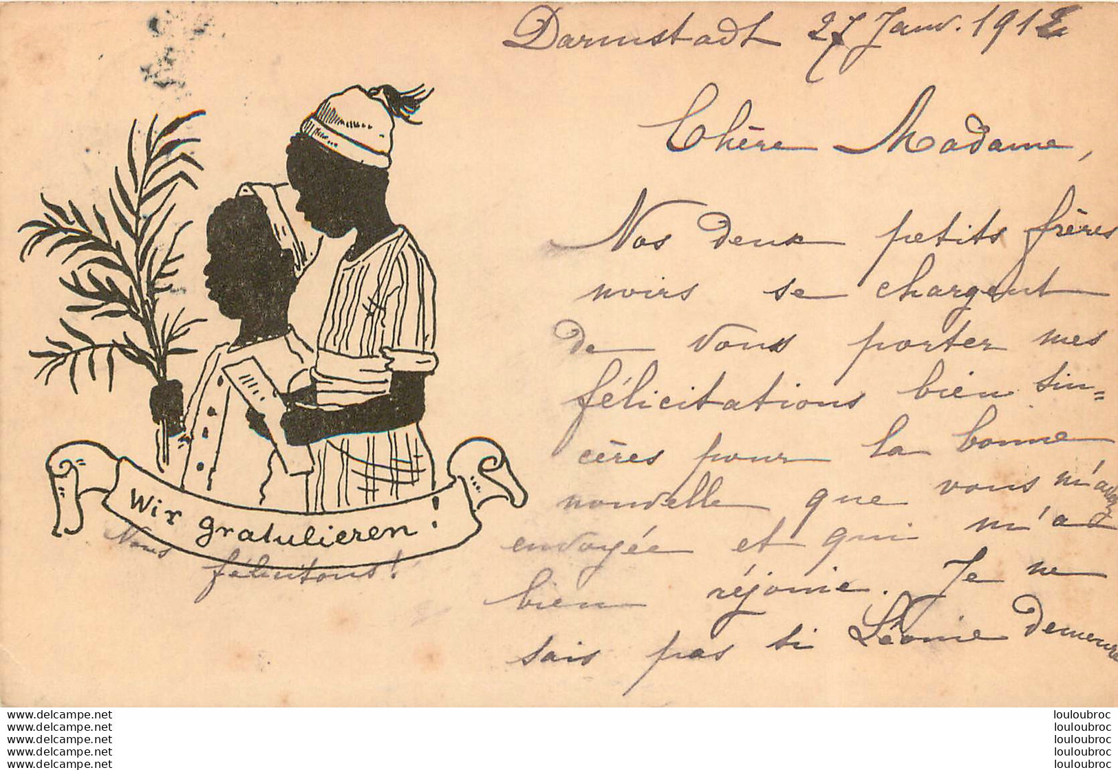WIR GRATULIEREN NOUS FELICITONS CARTE ALLEMANDE 1912 SILHOUETTES ENFANTS AFRIQUE - Silhouettes