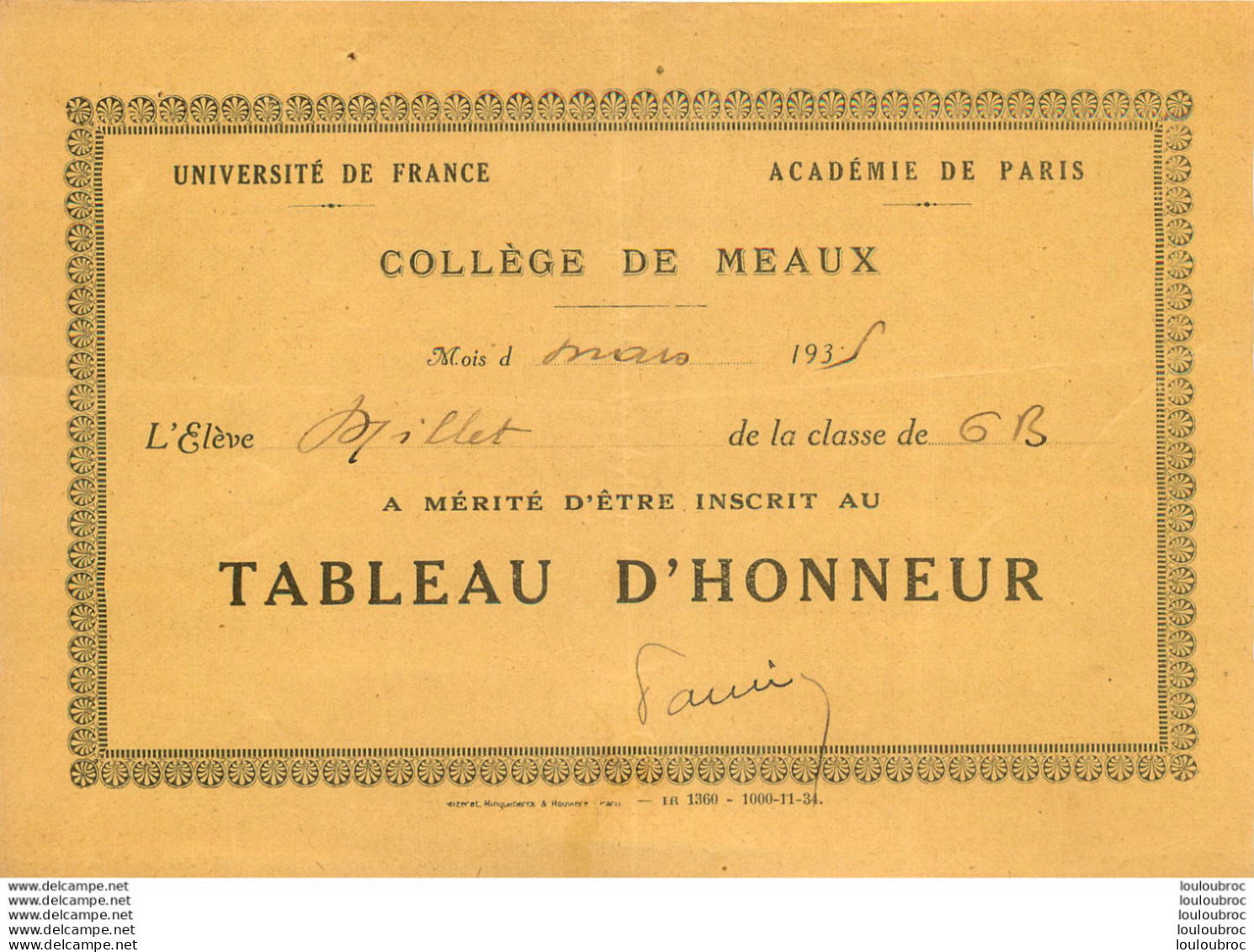 MEAUX  COLLEGE TABLEAU D'HONNEUR 1935 - Meaux
