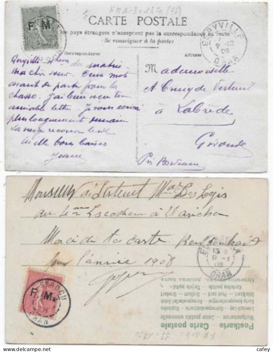 ALGERIE 2 Cartes Timbres FM SEMEUSE LIGNEE   Càd SERDOU 1908 , GERYVILLE 1906 Bons Bureaux - Francobolli  Di Franchigia Militare
