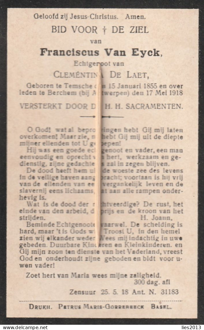 Temse, Temsche, Berchem, 1918, Franciscus Van Eyck, De Laet - Devotion Images